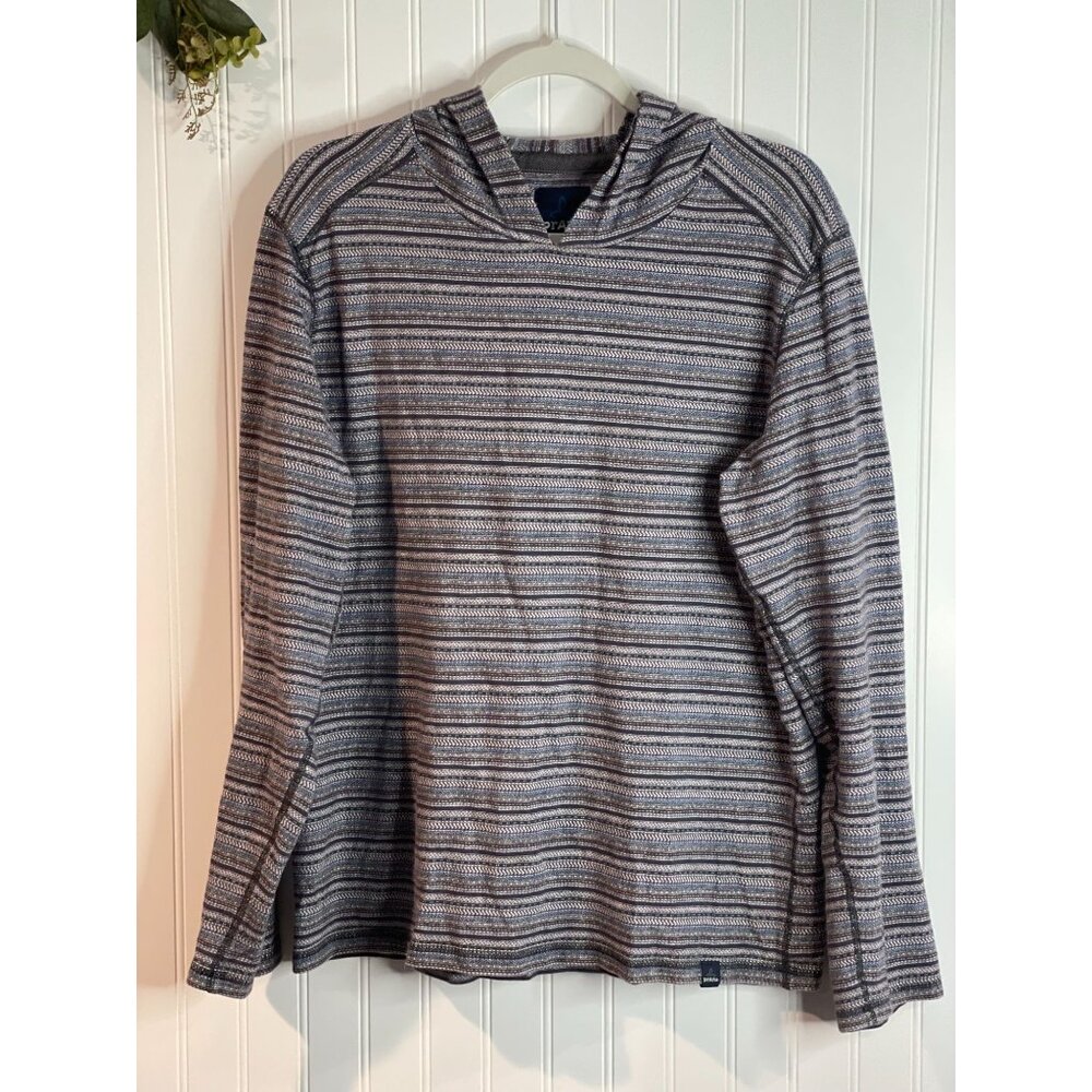 Prana Mens Hooded Striped Long Sleeve Pullover Shirt L Cotton Blend Blue/Brown